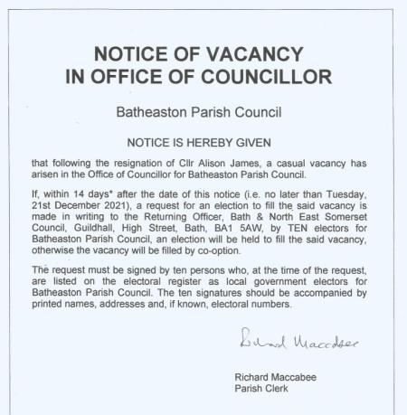 Notice of Vacancy in Office of Councillor